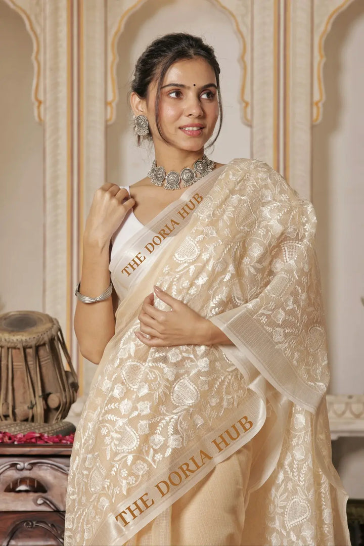 Kota Doria cotton silver Borders Threads Embrodiery work saree
