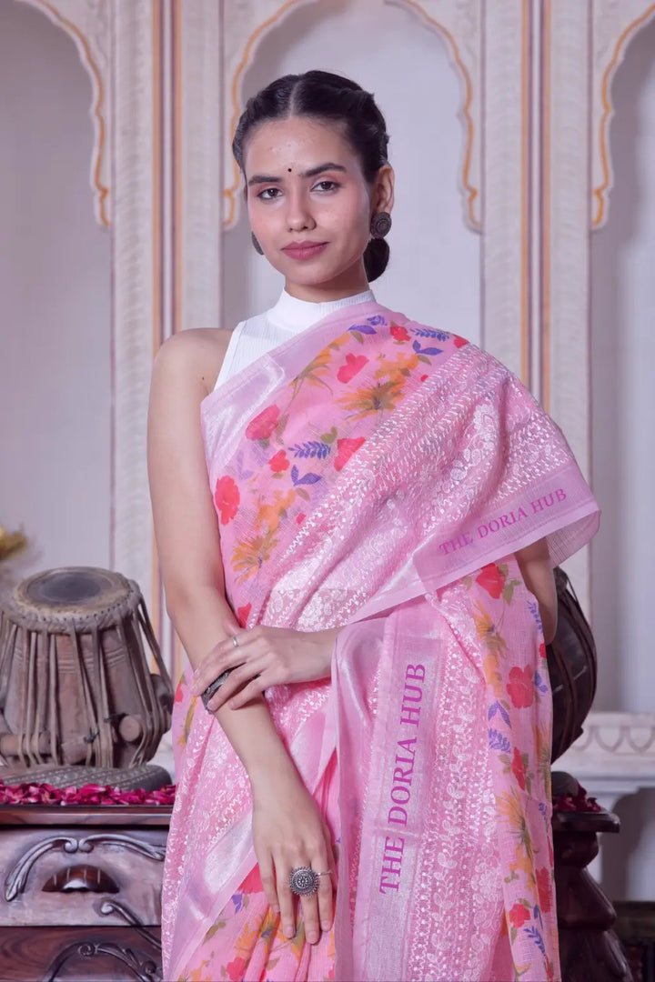 Kota Doria cotton silver Borders Threads Embrodiery work saree