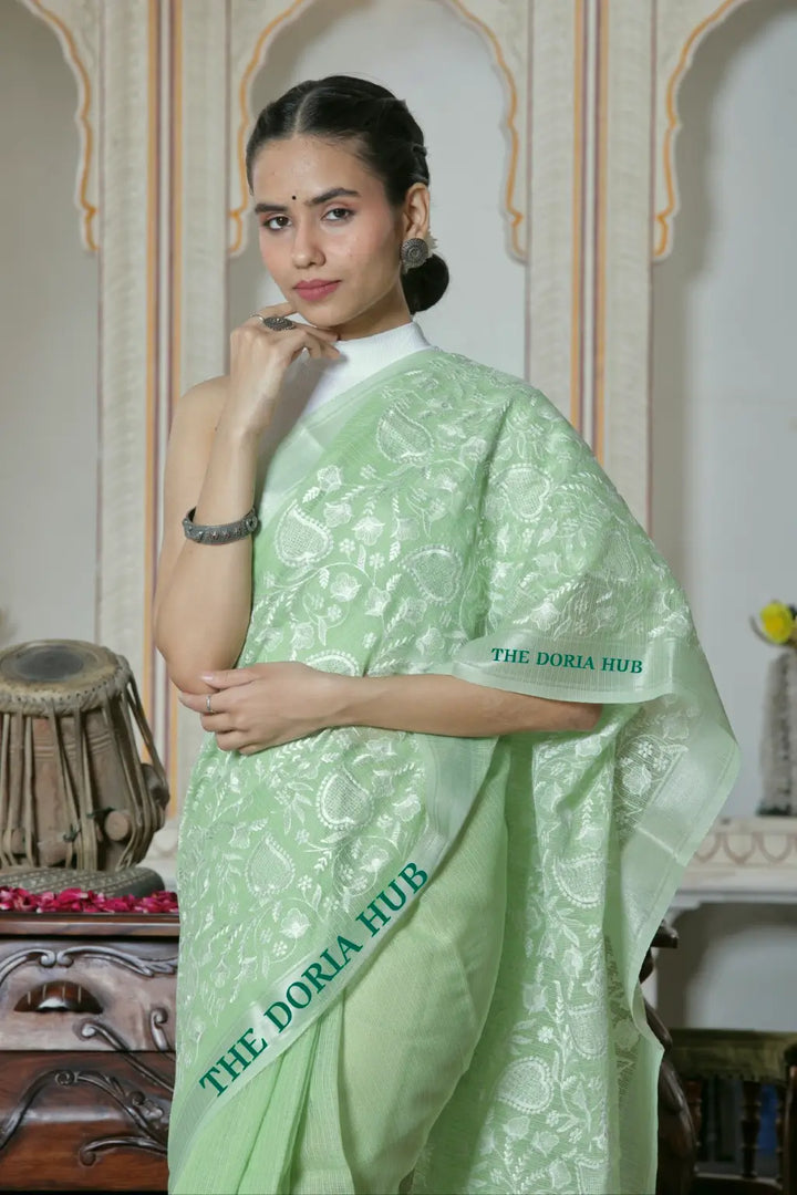 Kota Doria cotton silver Borders Threads Embrodiery work saree