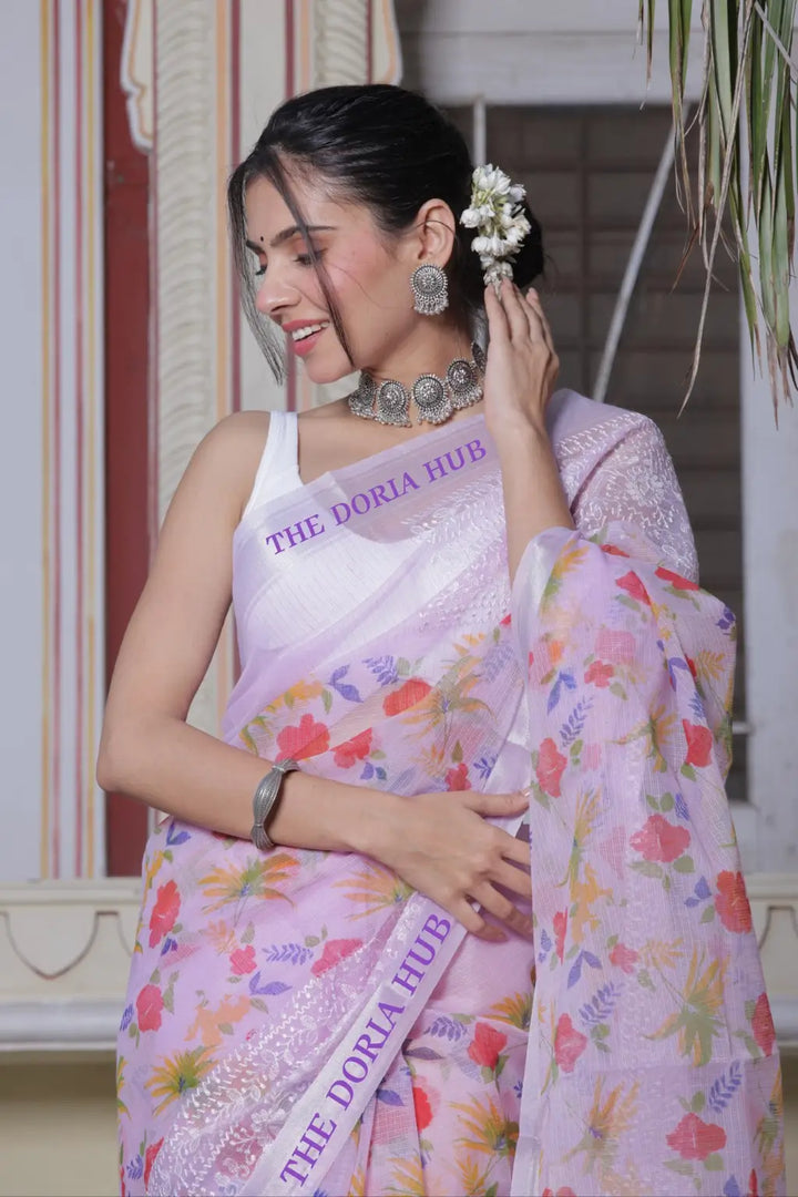 Kota Doria cotton silver Borders Threads Embrodiery work saree