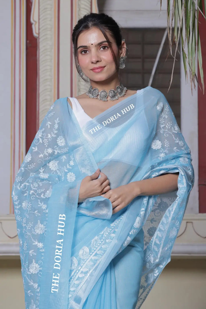 Kota Doria cotton silver Borders Threads Embrodiery work saree