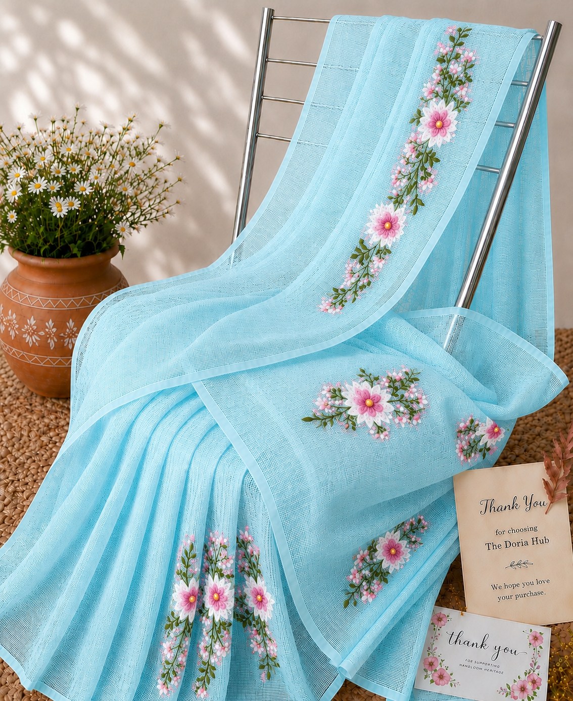 Sky Blue Kota Doria Cotton Thread Embroidery Saree