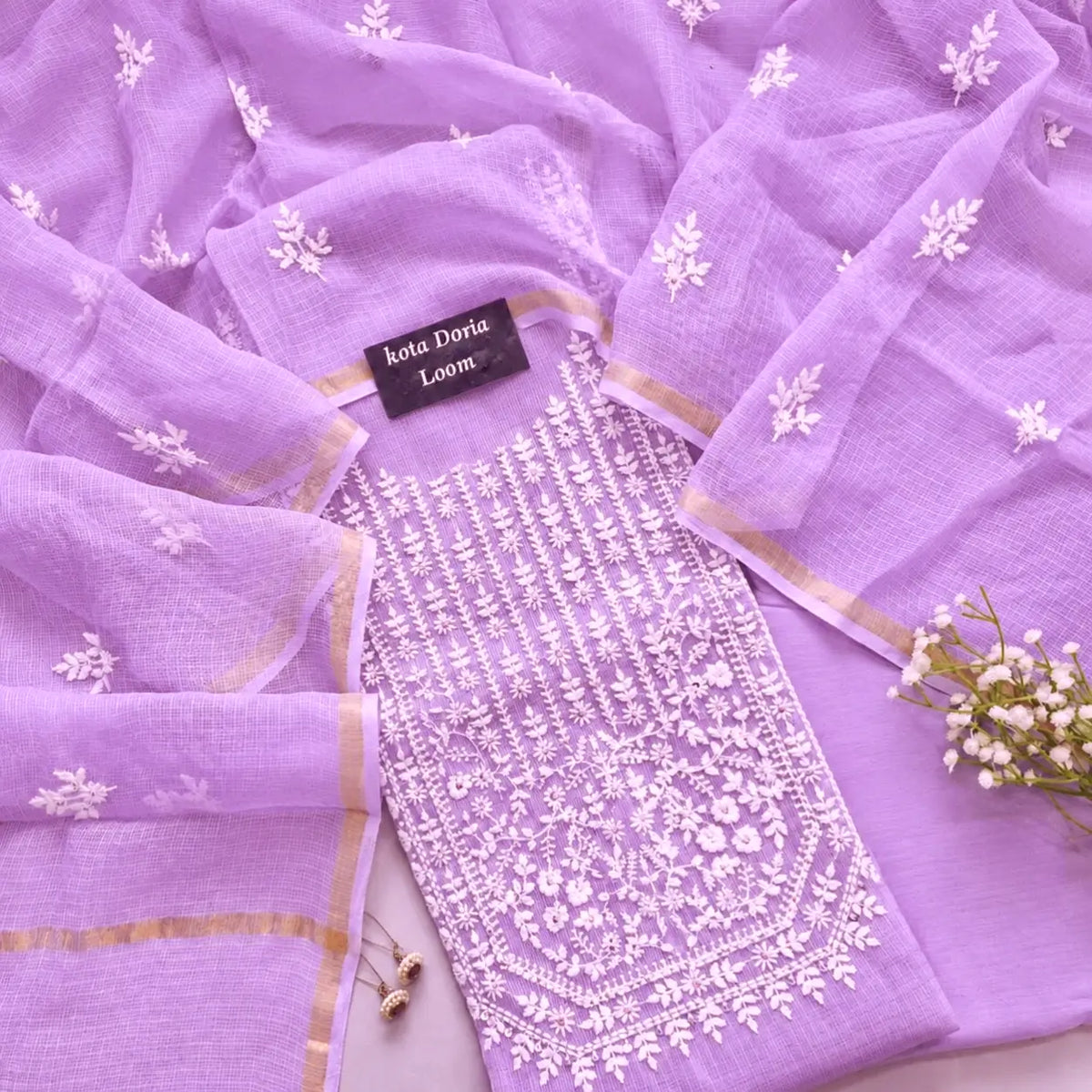 Lavender Kota Doria embroidered dress material with dupatta