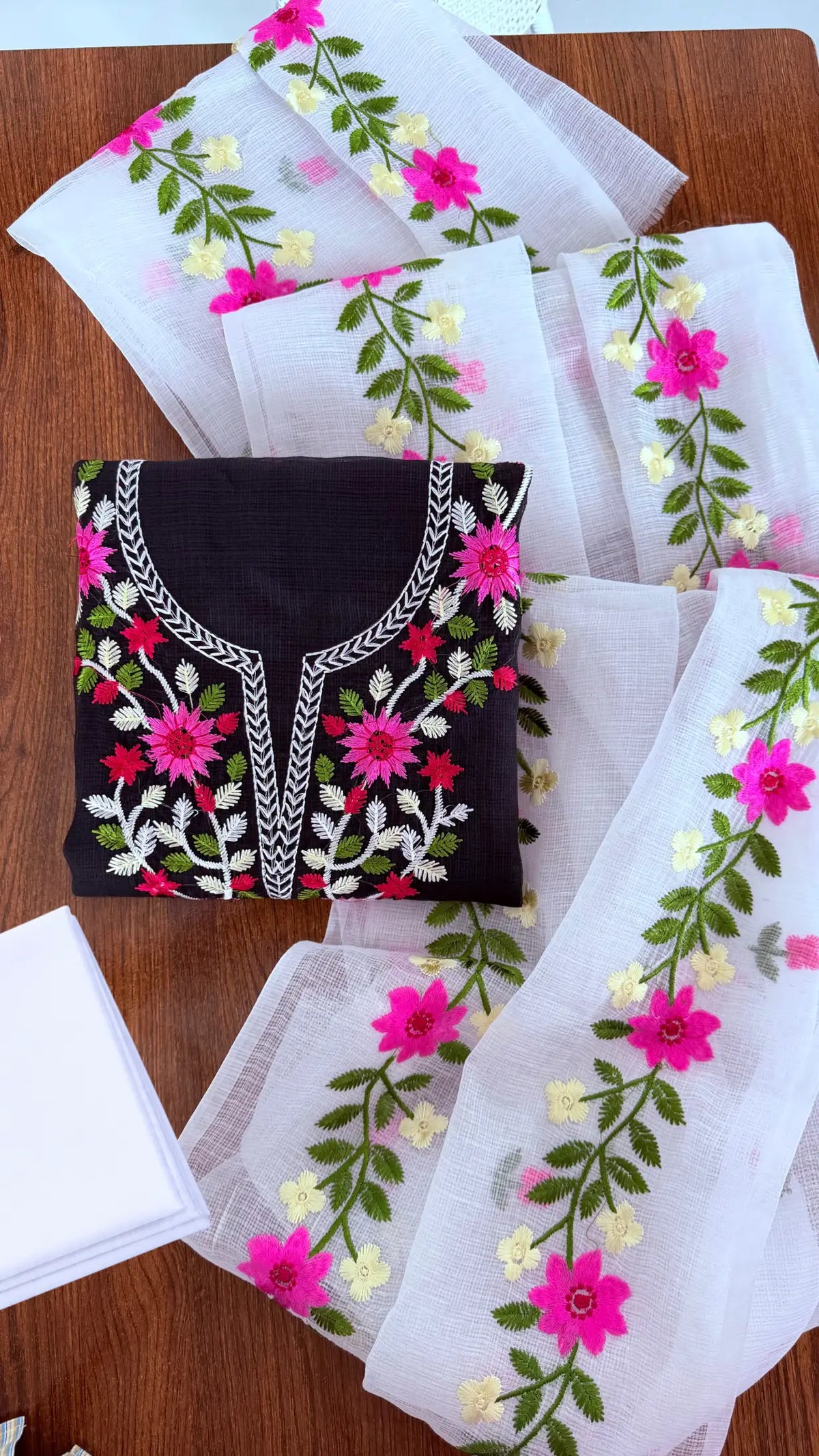White Kota Doria embroidered dress material with floral embroidery and dupatta