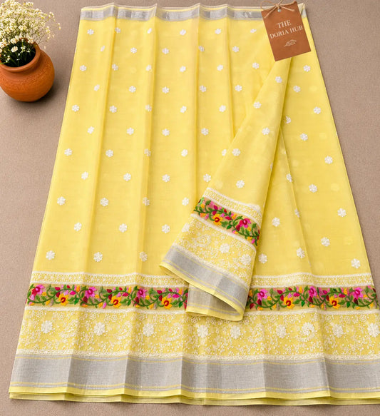 Sunshine Yellow Kota Doria Floral Embroidered Saree with Silver Zari Border