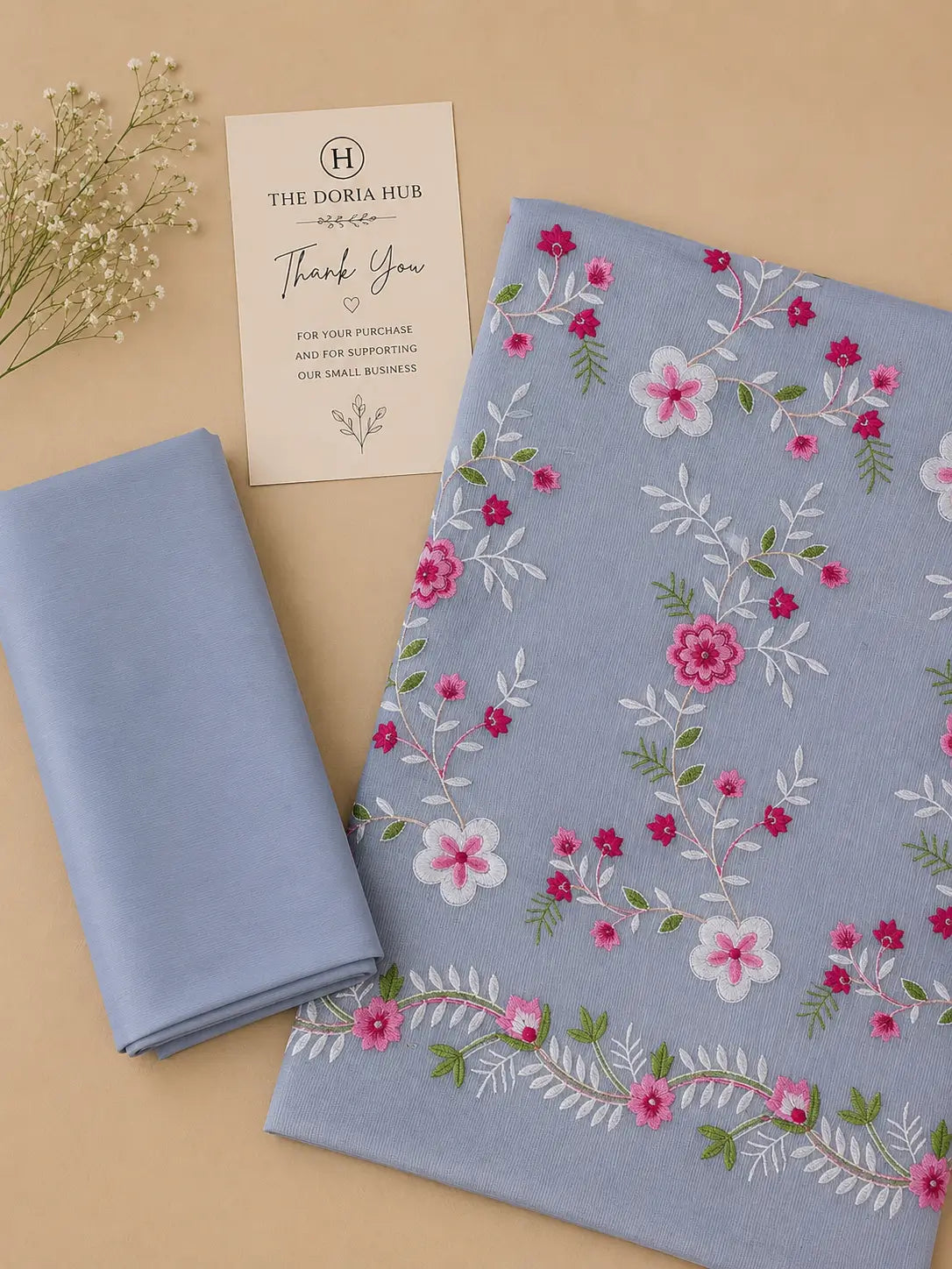 Elegant Blue Kota Doria Cotton Thread Embroidery Dress Material with Floral Dupatta
