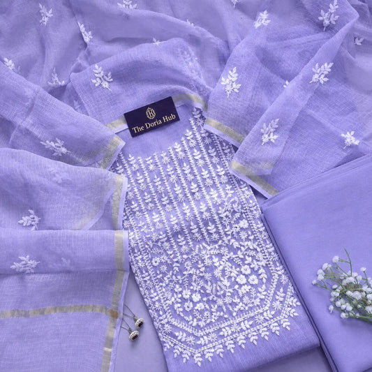 Lavender Kota Doria Cotton Thread Embroidery Dress Material Set