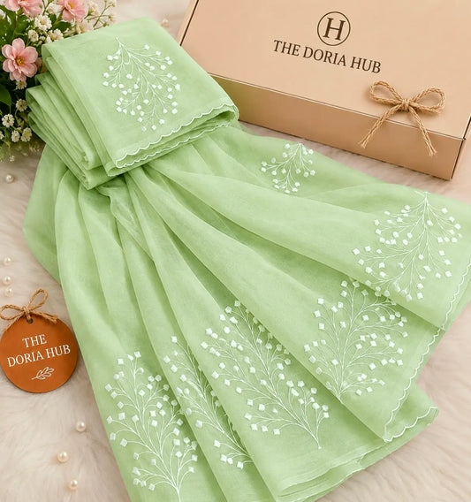 Mint Green Kota Doria Embroidered Saree with Floral Vine Motifs