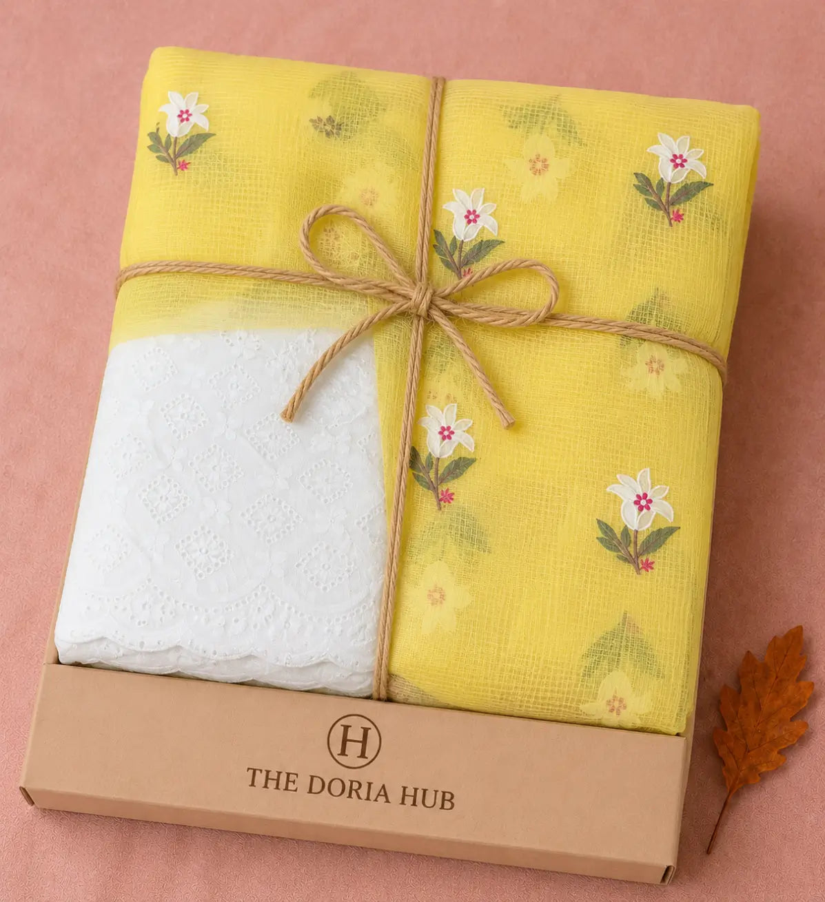 Sunshine Yellow Kota Doria Floral Printed Dress Material with Embroidered Cotton Bottom