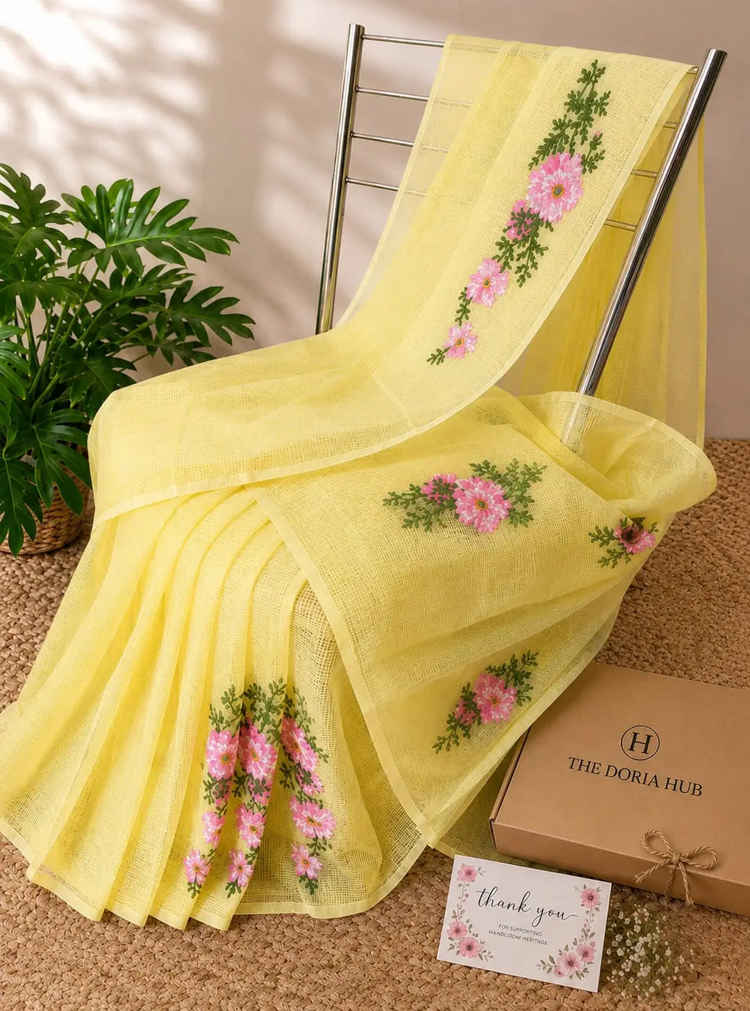 Sunshine Yellow Kota Doria Cotton Thread Embroidery Saree