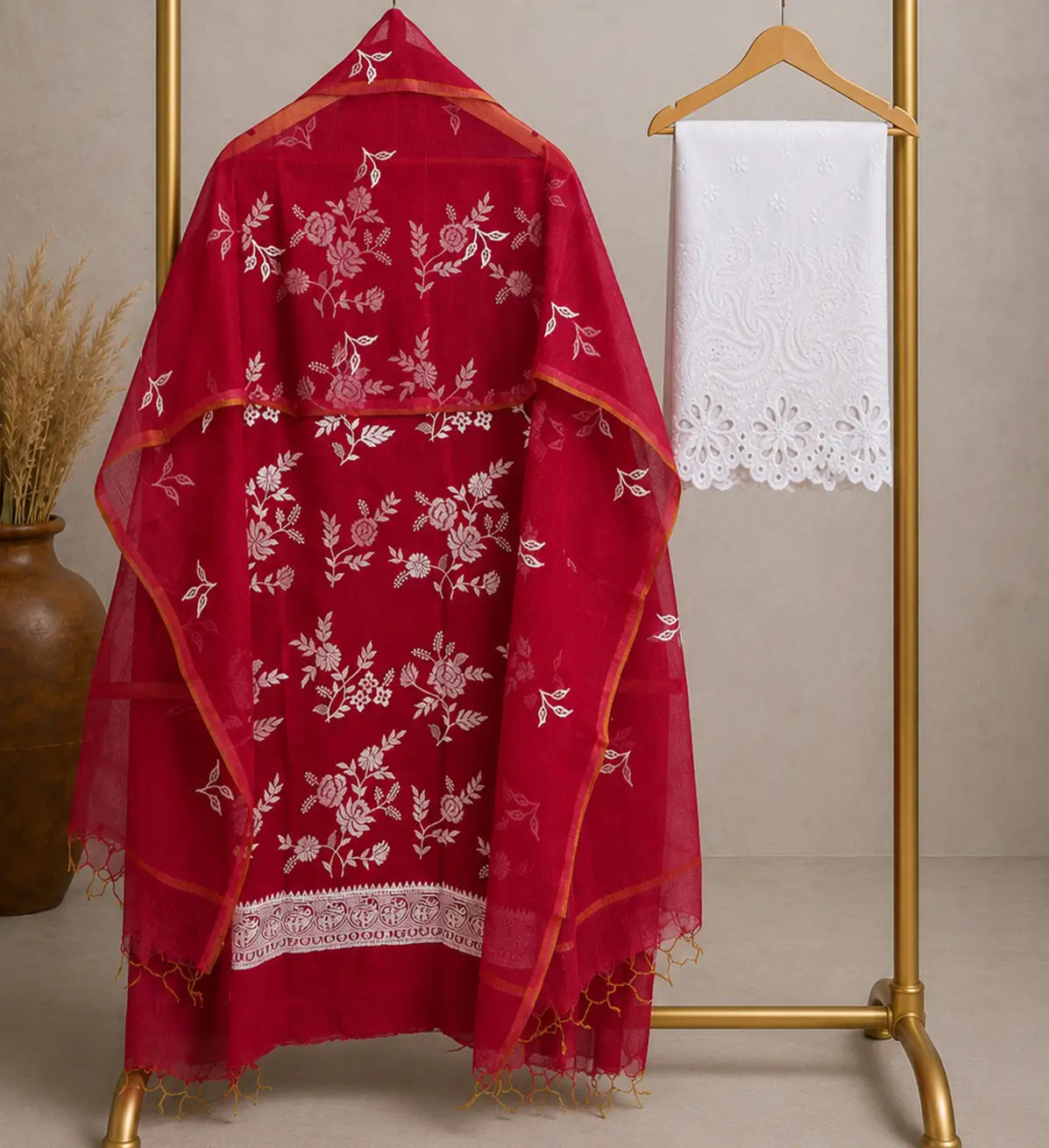 Ruby Red Kota Doria Floral Printed Dress Material with Embroidered Cotton Bottom