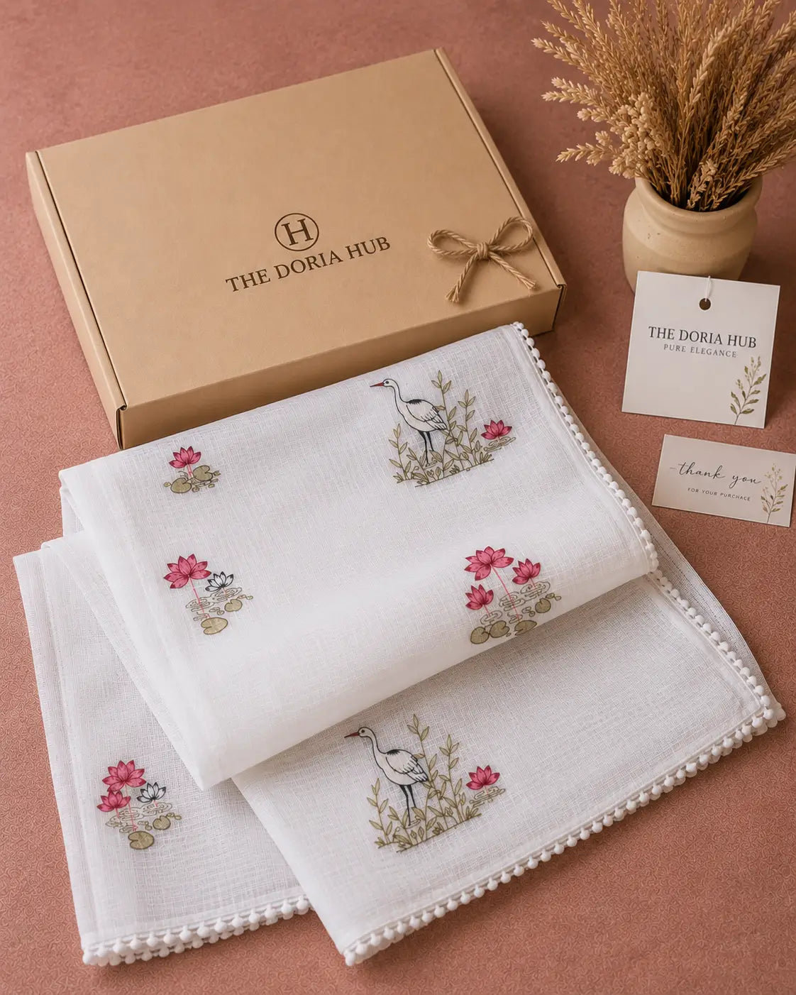 White Kota Cotton Thread Embroidery Saree with Lotus & Crane Motifs