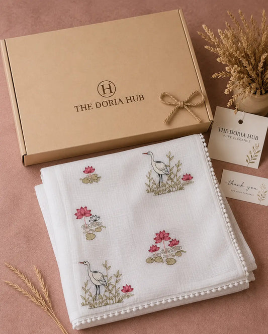 White Kota Cotton Thread Embroidery Saree with Lotus & Crane Motifs
