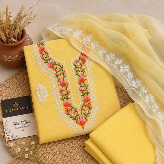Sunshine Yellow Kota Doria Cotton Thread Embroidery Dress Material Set