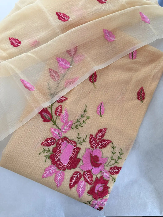 Soft Peach Kota Doria Cotton Thread Embroidery Dress Material Set
