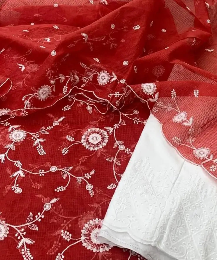 Deep red Kota Doria embroidered dress material with white floral embroidery