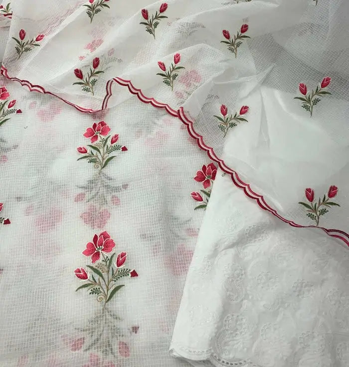 White and Red Kota Doria Dress Material with Embroidered Cotton Bottom & Floral Embroidered Dupatta