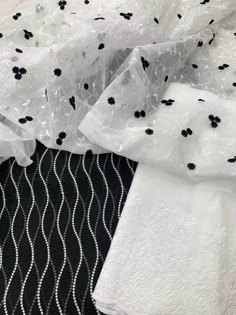 Black and White Kota Doria Dress Material with Embroidered Cotton Bottom & Dupatta