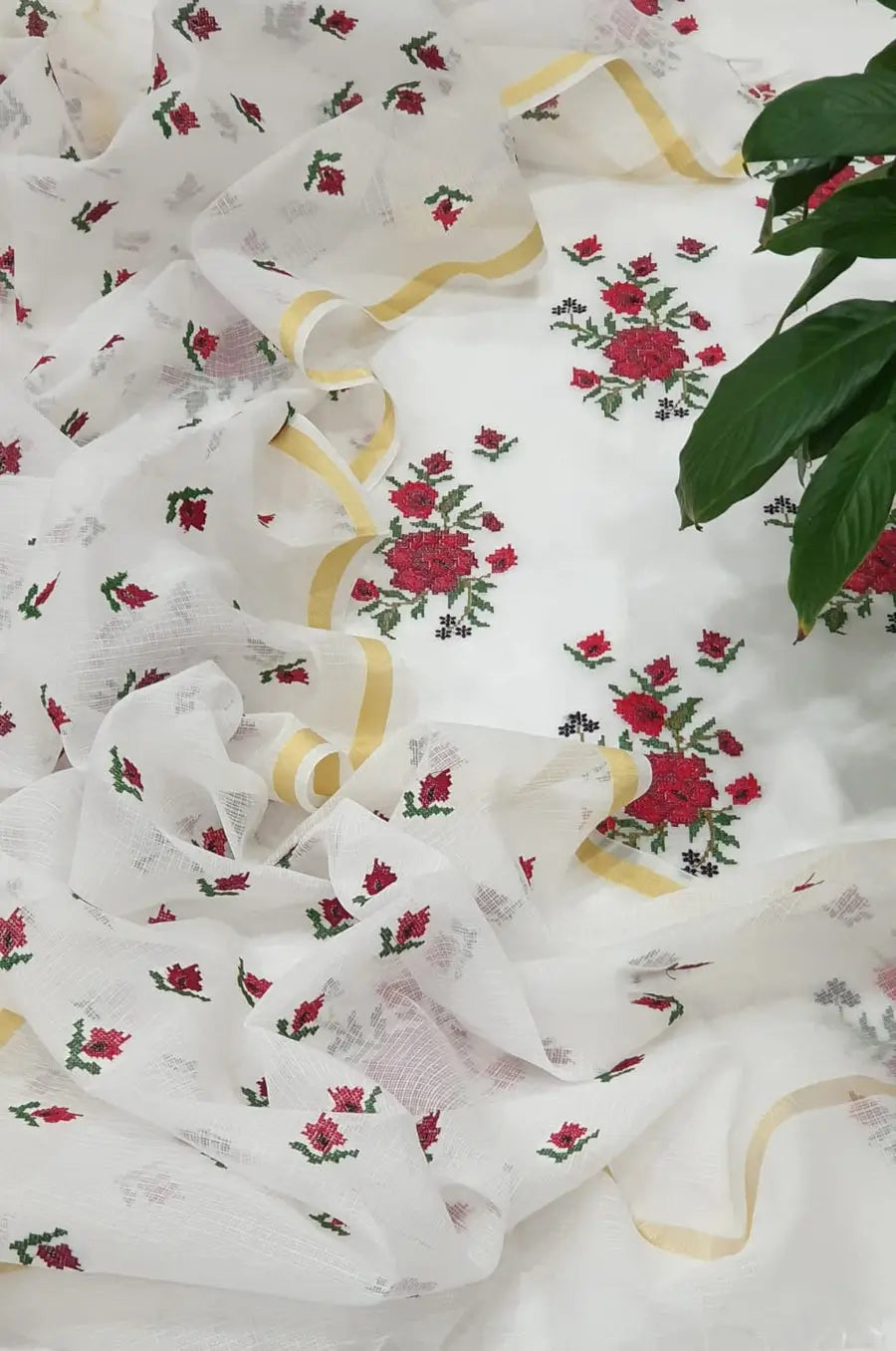 White and Red Kota Doria Dress Material with Embroidered Cotton Bottom & Floral Embroidered Dupatta