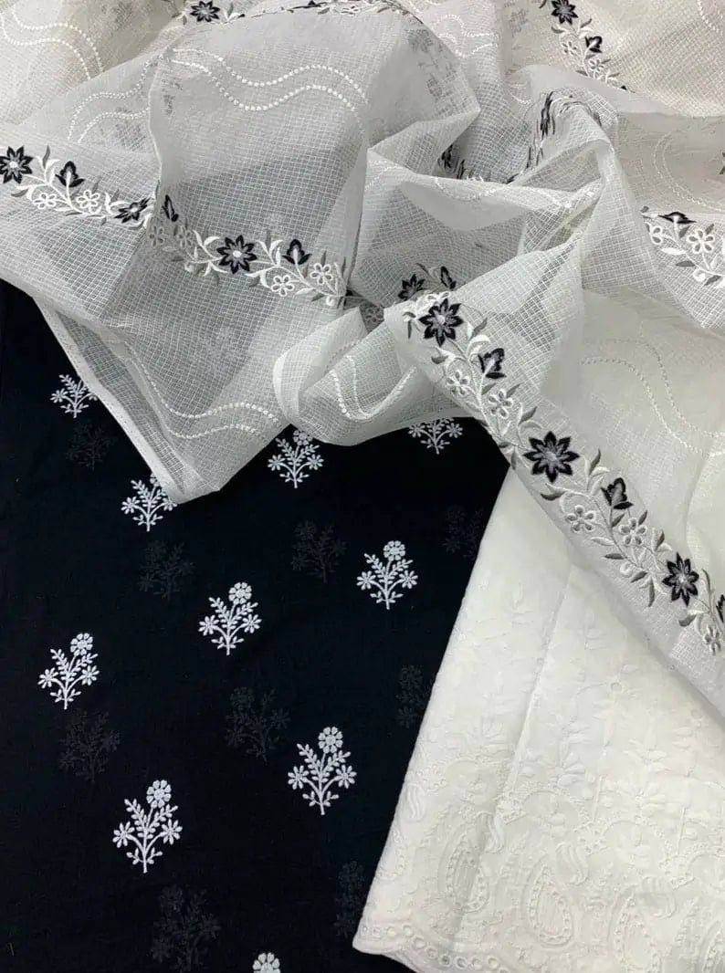 Black and White Kota Doria Dress Material with Embroidered Cotton Bottom & Dupatta