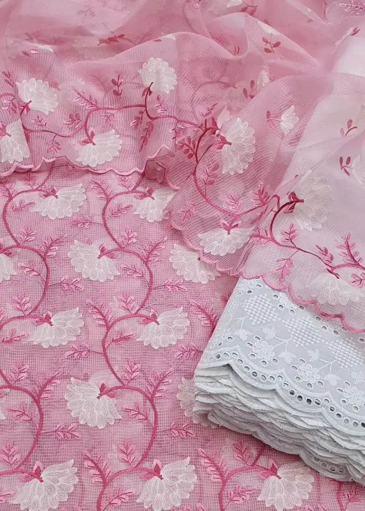 Pink & White Floral Kota Doria Dress Material with Embroidered Cotton Bottom & Dupatta