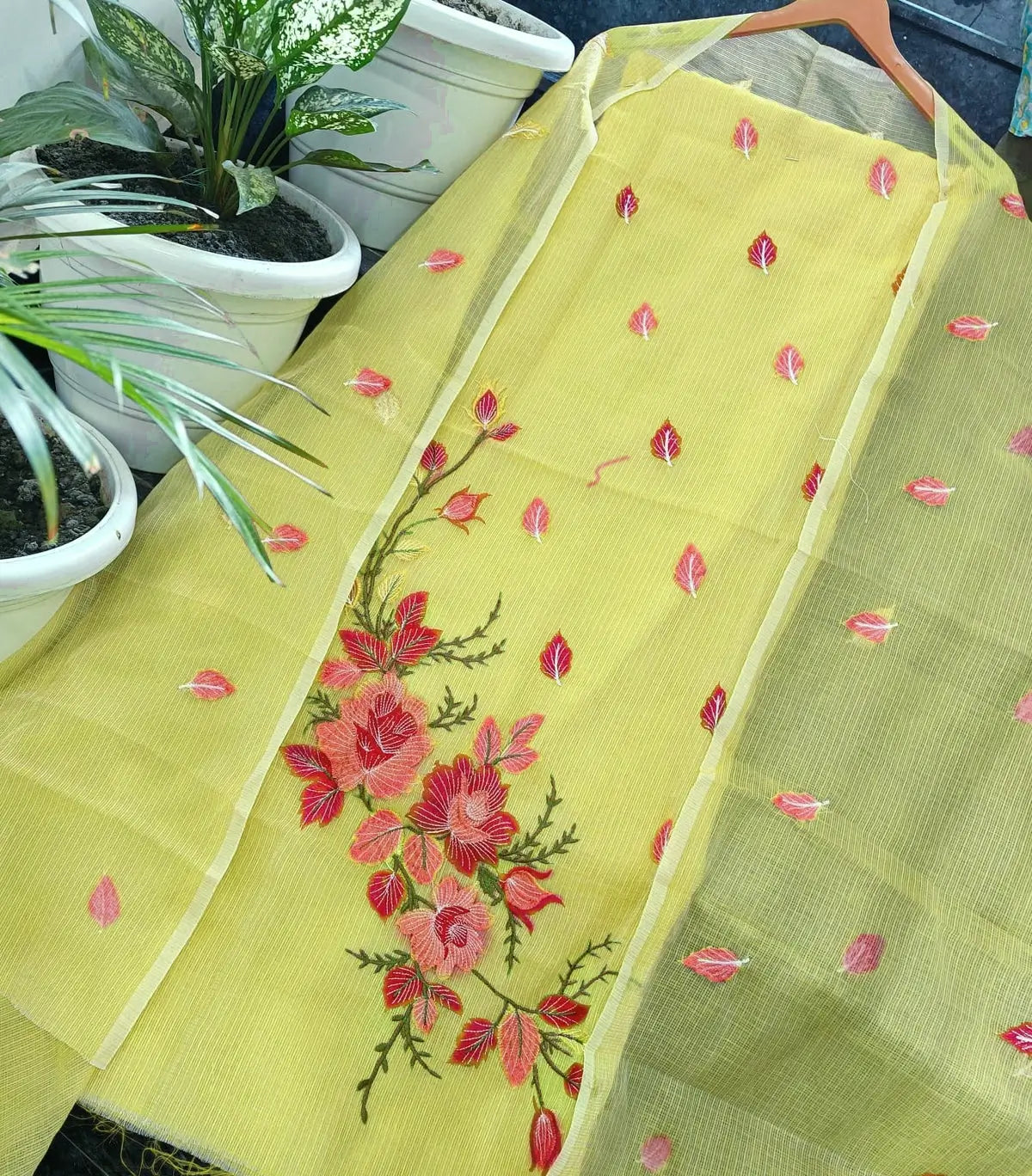 Yellow Kota Doria Embroidered Dress Material
