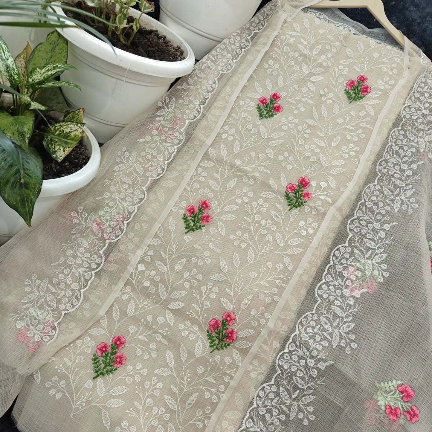 Beige Kota Doria Embroidered Dress Material with Pink Floral Motifs & White Lace Border
