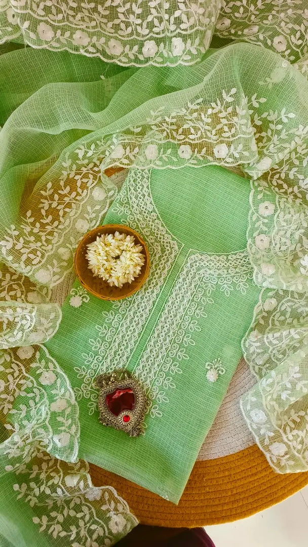 Kota Doria Embroidered Unstitched Suit Material (Top + Dupatta)