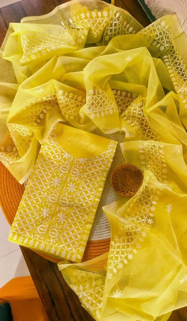 Kota Doria Embroidered Unstitched Suit Material (Top + Dupatta)