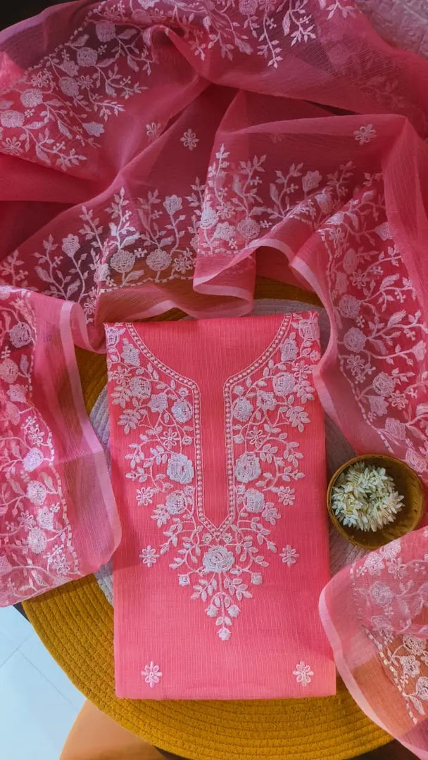 Kota Doria Embroidered Unstitched Suit Material (Top + Dupatta)