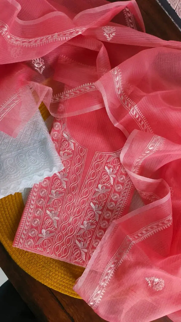 Kota Doria Embroidered Unstitched Suit Material (Top + Bottom + Dupatta)