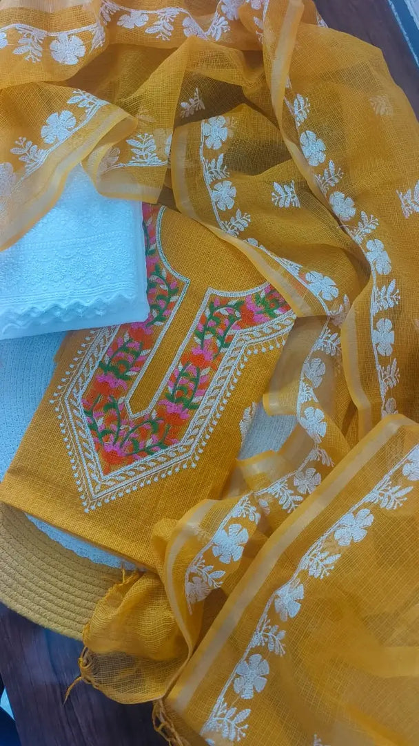 Kota Doria Embroidered Unstitched Suit Material (Top + Bottom + Dupatta)
