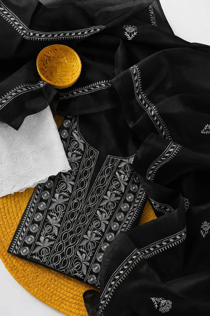 Kota Doria Embroidered Unstitched Suit Material (Top + Bottom + Dupatta) (Copy)