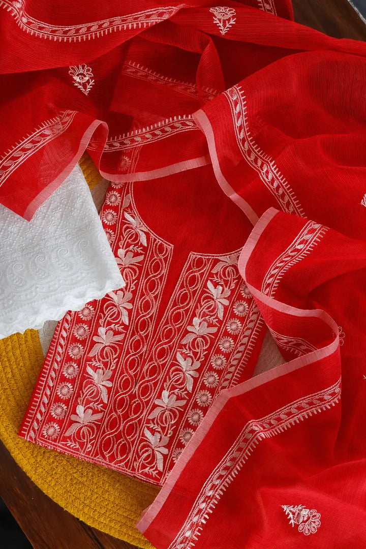 Kota Doria Embroidered Unstitched Suit Material (Top + Bottom + Dupatta)