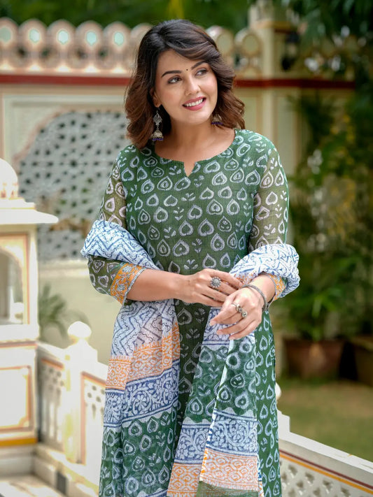 Teal Floral Print Kota Doria Cotton Stitch Kurta Set for Women