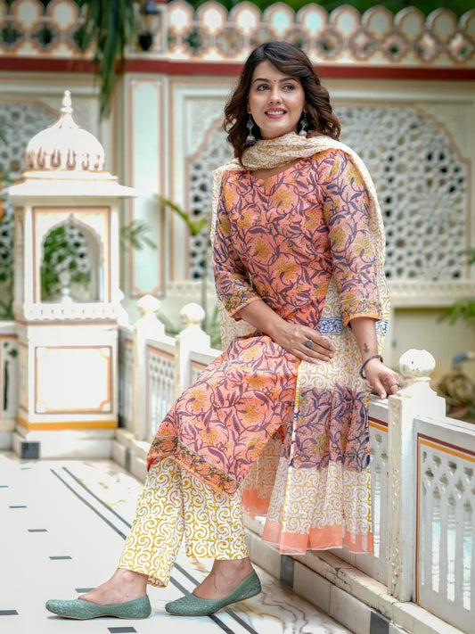 Peach Printed Straight Kota Doria Cotton Kurta Set for Women