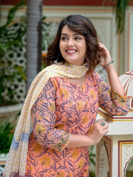 Peach Printed Straight Kota Doria Cotton Kurta Set for Women