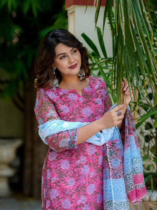 Pink Floral Print Kota Doria Cotton Kurta Set for Women