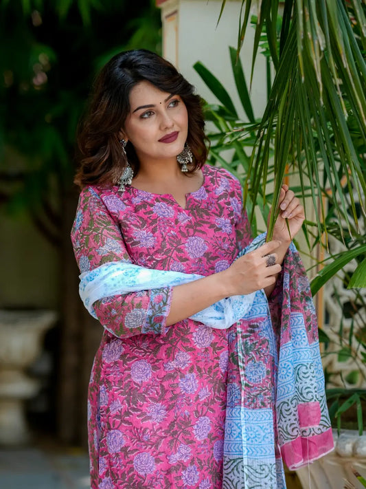 Pink Floral Print Kota Doria Cotton Kurta Set for Women