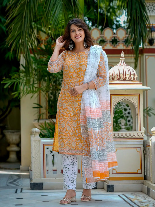 Orange Printed Kota Doria Cotton Kurta Set for Women