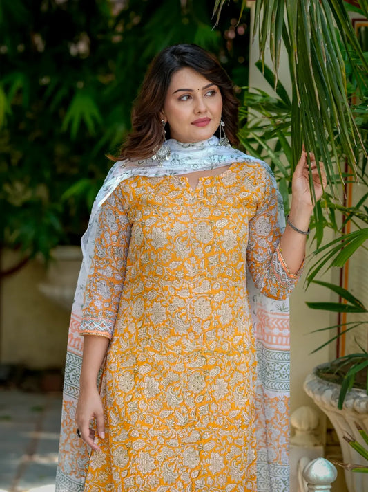 Orange Printed Kota Doria Cotton Kurta Set for Women