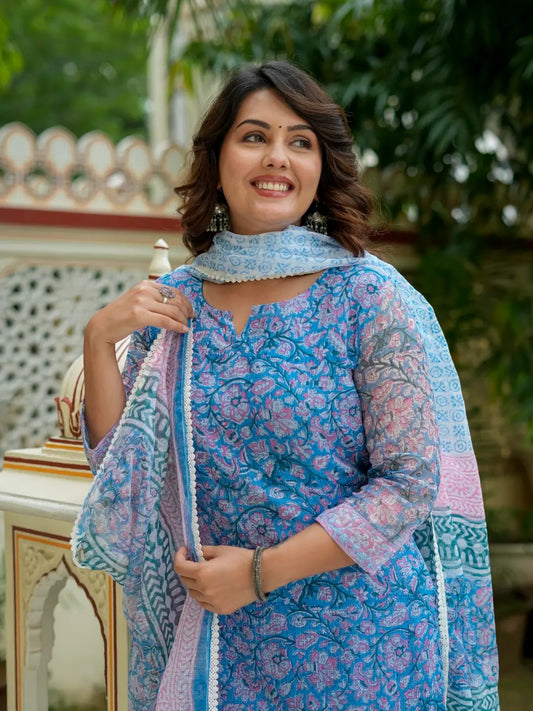Sky Blue & Pink Floral Print Kota Doria Cotton Straight Kurta Set for Women