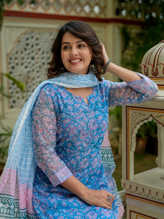 Sky Blue & Pink Floral Print Kota Doria Cotton Straight Kurta Set for Women