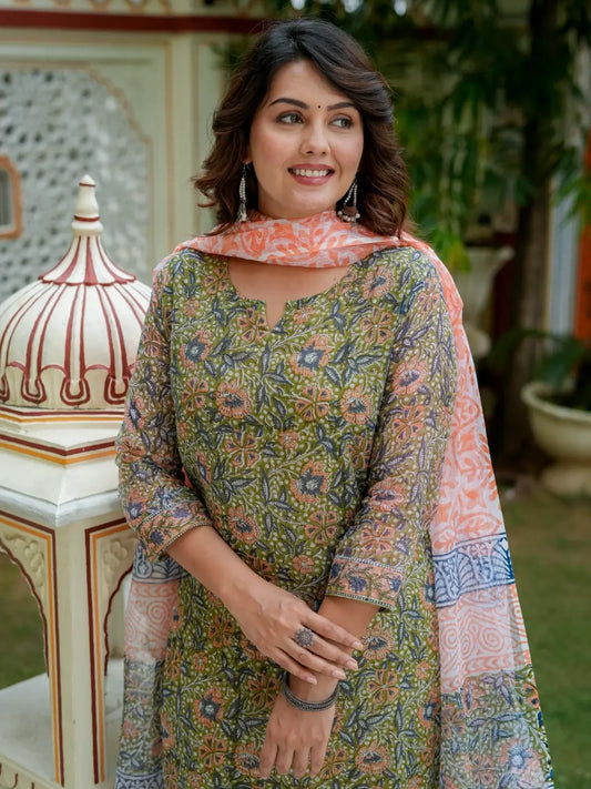 Green Floral Print Kota Doria Cotton Straight Kurta Set for Women