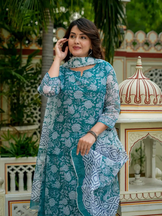 Teal Floral Print Kurta Set for Women
