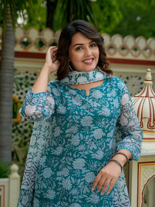 Teal Floral Print Kurta Set for Women