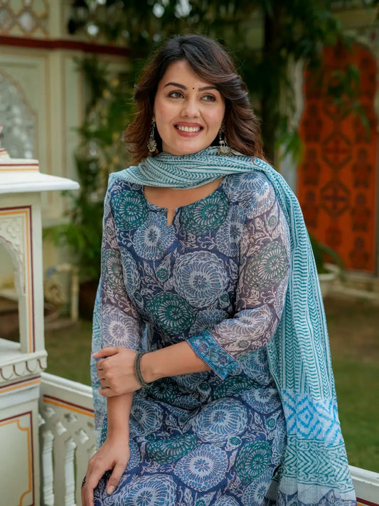 Blue Printed Kurta Dupatta Set for Women