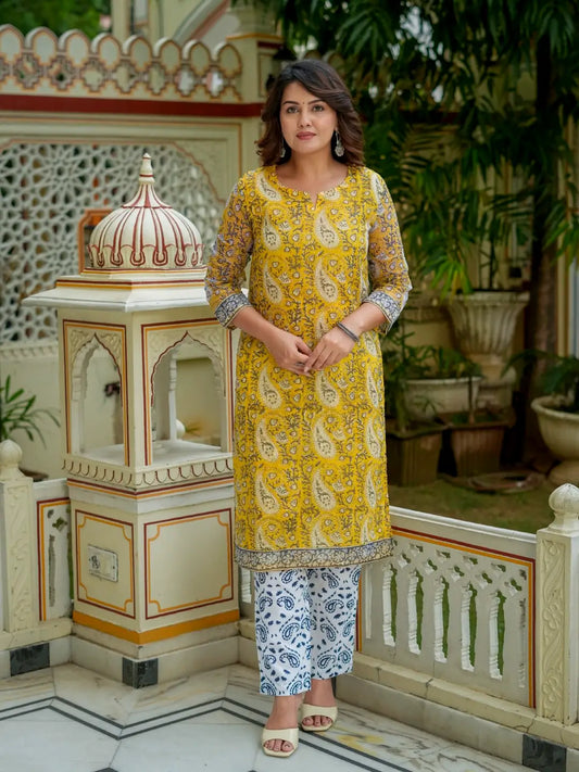 Yellow Floral Printed Kurta Set With Dupatta For Women
