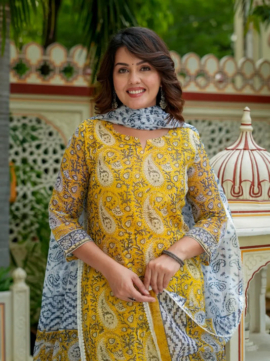 Yellow Floral Printed Kurta Set With Dupatta For Women