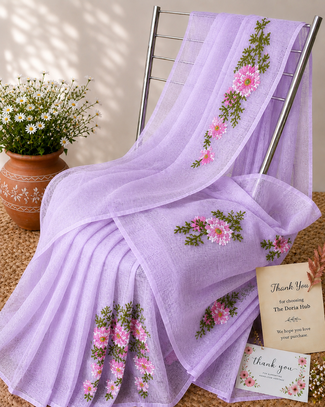 Purple Kota Doria Cotton Floral Thread Embroidery Dress Material